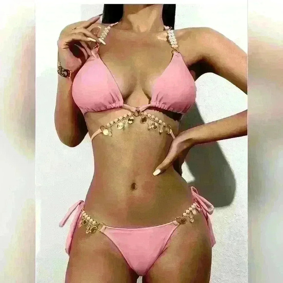 Ellolace Diamond Bikini Crystal Swimwear Metal  Chain Women's Swimsuit - Picture 2 of 7